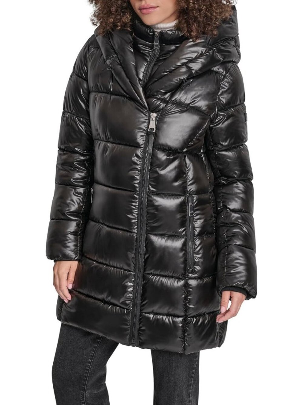 Shine Puffer Coat with Bib & Asymmetrical Zipper - Stylish Winter Jacket for